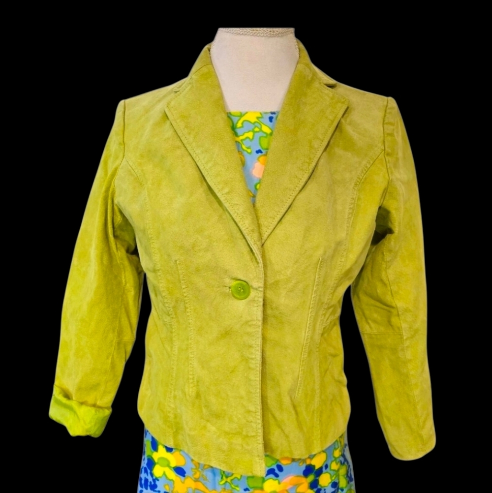 Womens Jacket Blazer Suede Sz Petite M PM Lime Green 1‎ Button  Colorful